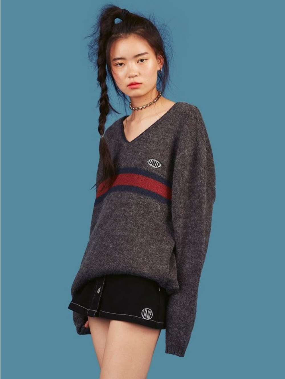 UNIF Charcoal V-Neck Sweater with Red Stripe Detail